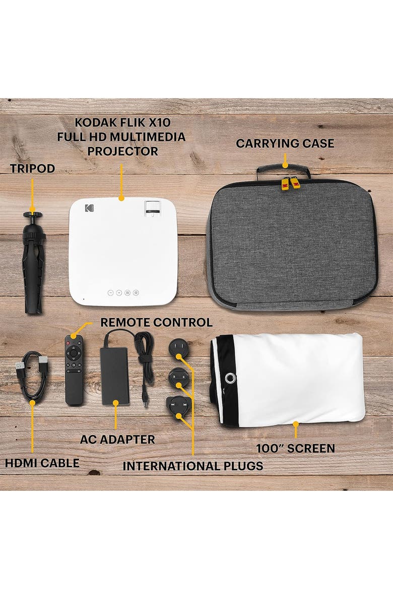 FLIK X10 Multimedia Home Projector Kit, 1080p Portable Projector w/100" Screen, Remote & More!, Alternate, color, White