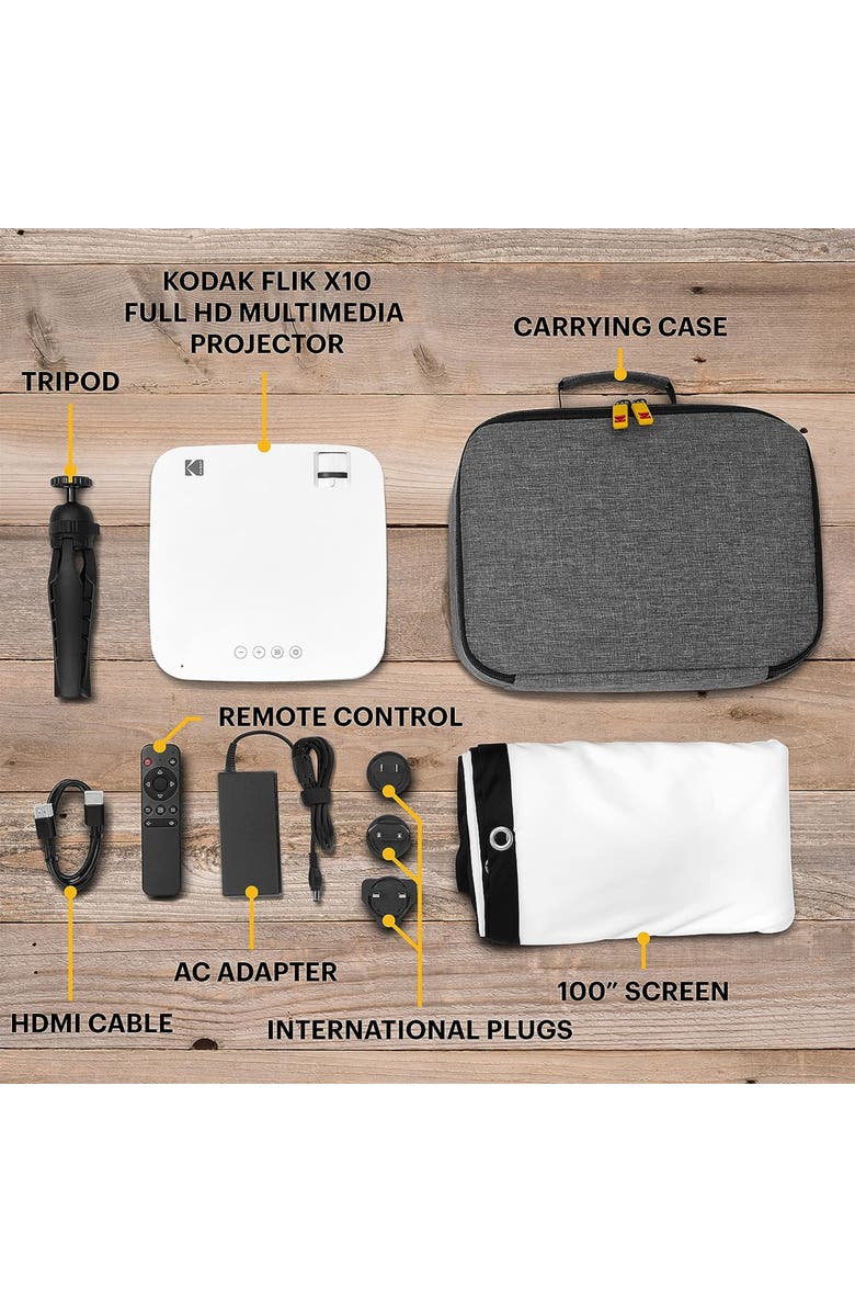 Kodak FLIK X10 Multimedia Home Projector Kit, 1080p Portable Projector w/100" Screen, Remote & More!, Alternate, color, 
