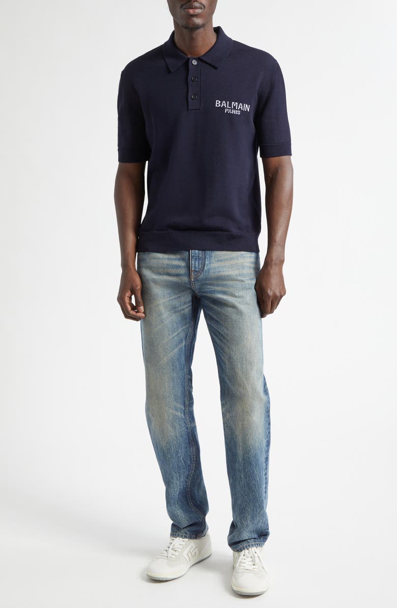 Balmain Paris Intarsia Merino Wool Polo, Alternate, color, Navy/ Natural