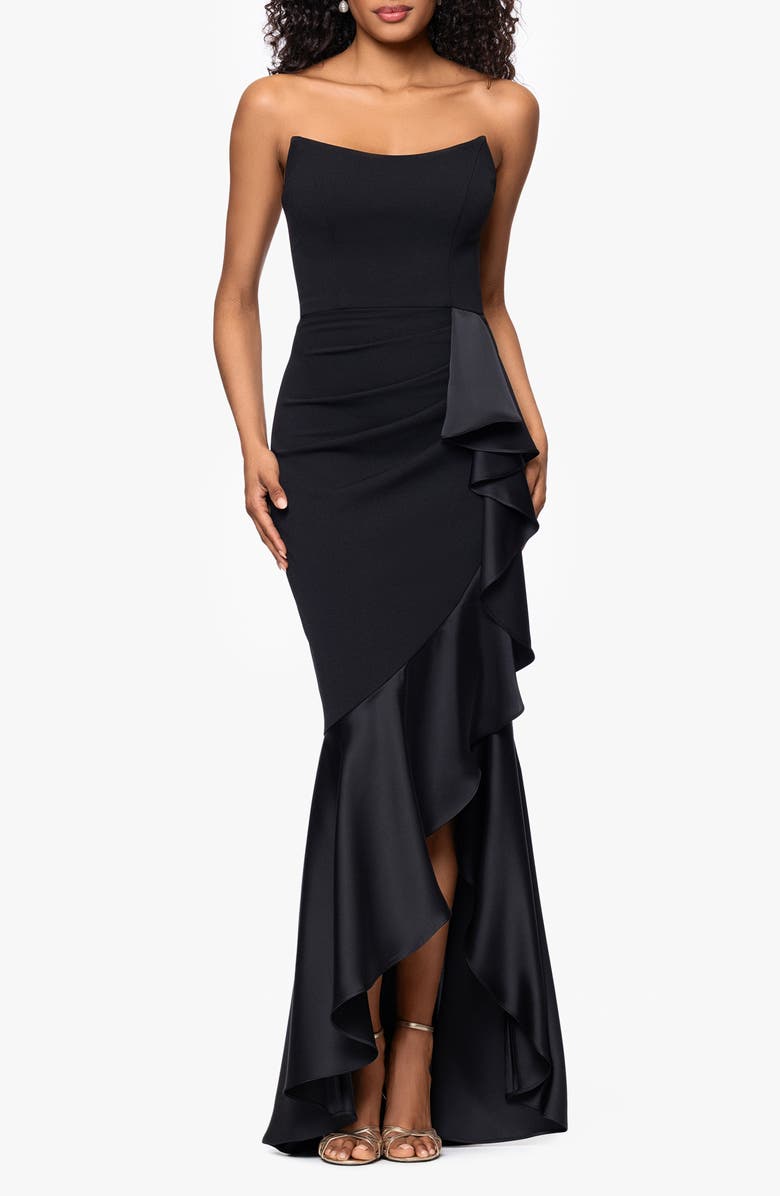 Betsy & Adam Satin Ruffle Detail Strapless Scuba Crepe Corset Gown, Main, color, Black