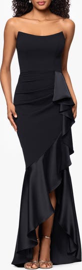 Satin Ruffle Detail Strapless Scuba Crepe Corset Gown