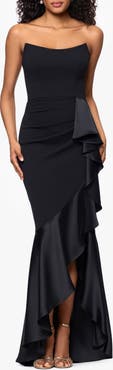 Betsy & Adam Satin Ruffle Detail Strapless Scuba Crepe Corset Gown
