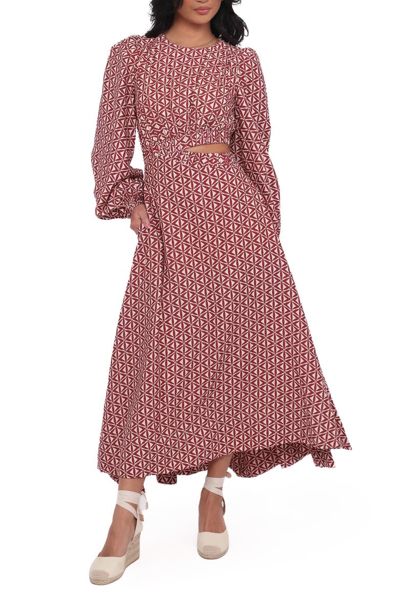 Ginnee Puff Shoulder Cutout Maxi Dress, Main, color, BROWN GEO