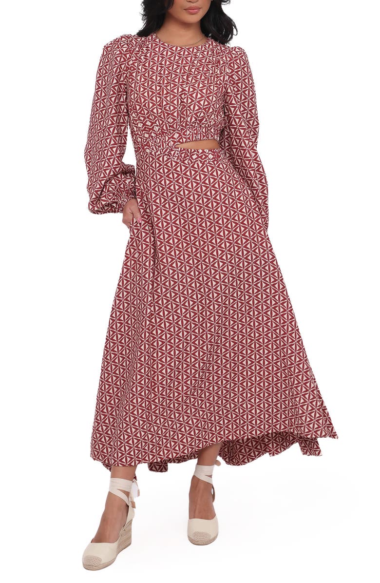 Petal & Pup Ginnee Puff Shoulder Cutout Maxi Dress, Main, color, Brown Geo