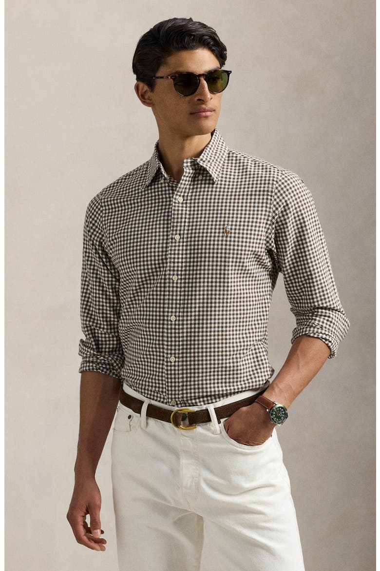 Classic Fit CheckShort Sleeve Cotton Button-Down Oxford Shirt, Alternate, color, 4338R PALE RUSSET/ WHITE