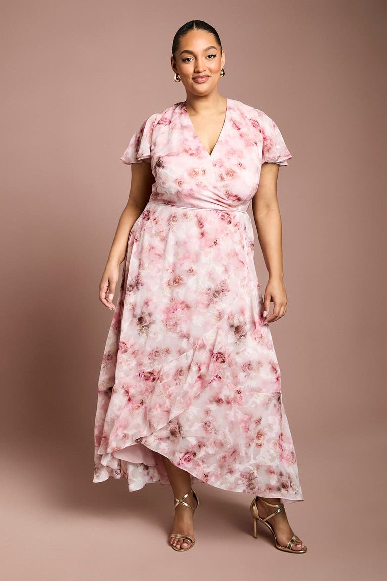 Plus Satin Floral Wrap Midi Dress, Alternate, color, Pink