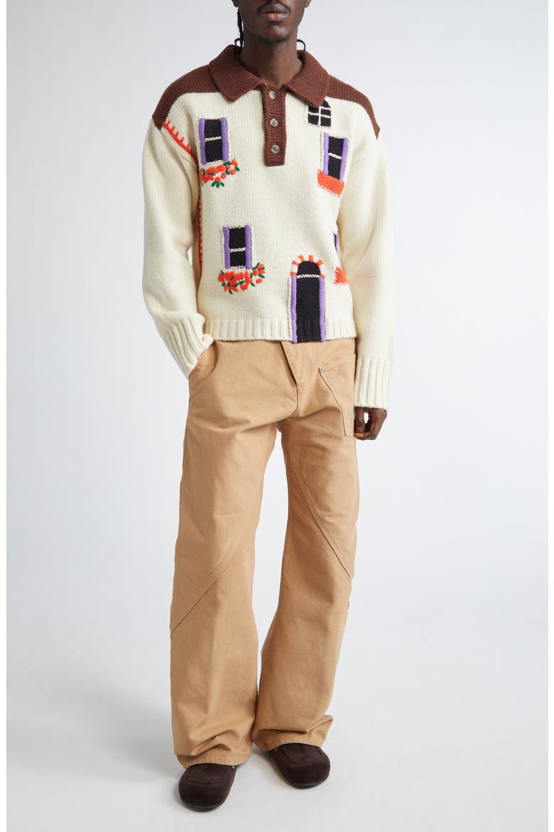 House Intarsia Embroidered Wool Polo Sweater, Alternate, color, FLAX