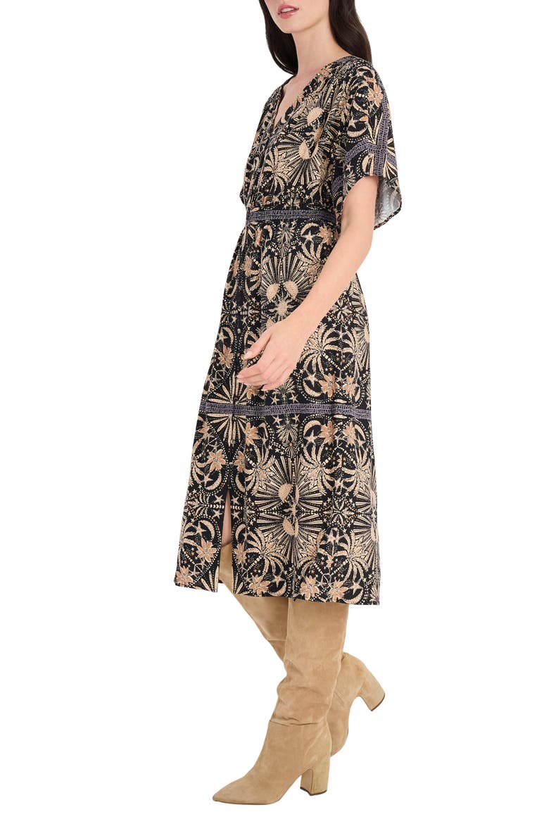 Floral Print Linen Blend Midi Dress, Alternate, color, BLACK/ TAN