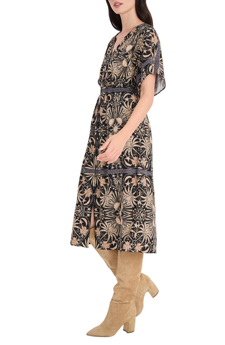 The Good Journey Floral Print Linen Blend Midi Dress, Alternate, color, Black/ Tan