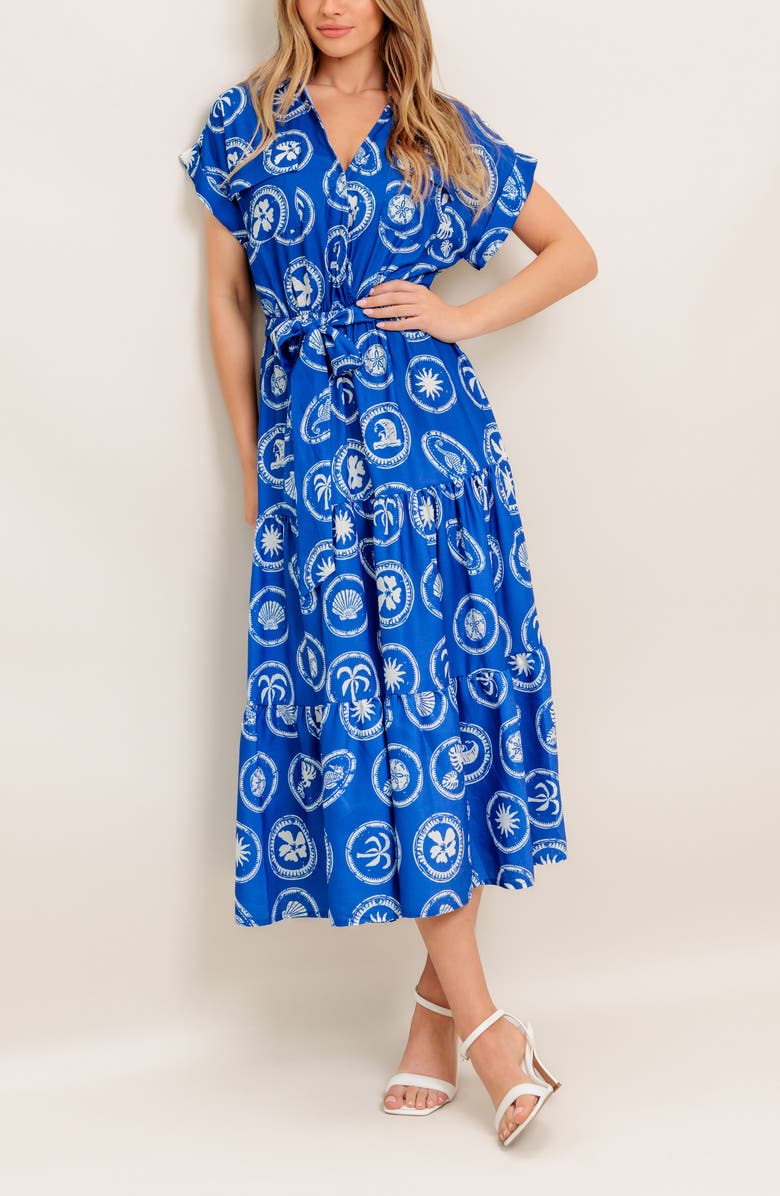 FLYING TOMATO Surplice Neck Midi Dress, Alternate, color, Blue/White