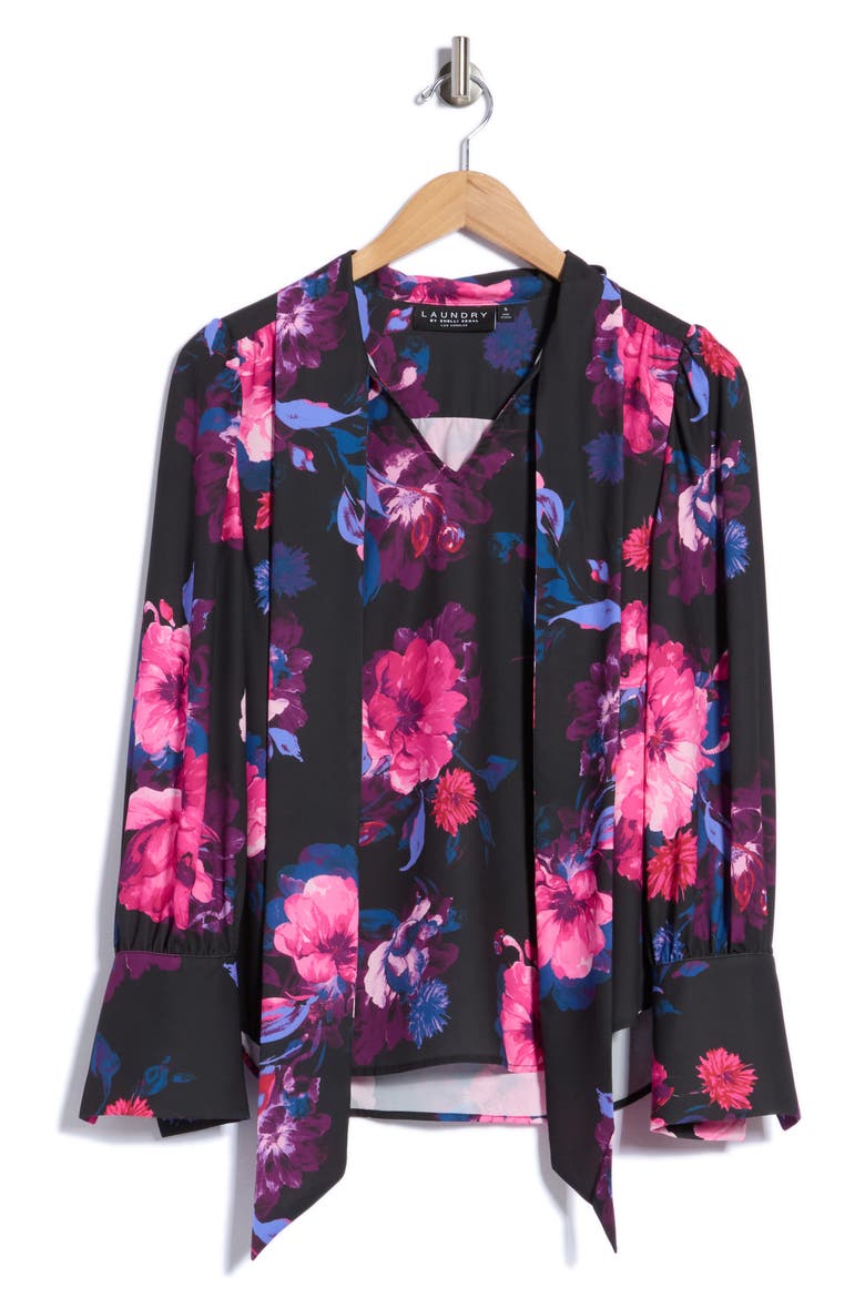 Glowing Floral Tie Neck Top, Alternate, color, BLACK