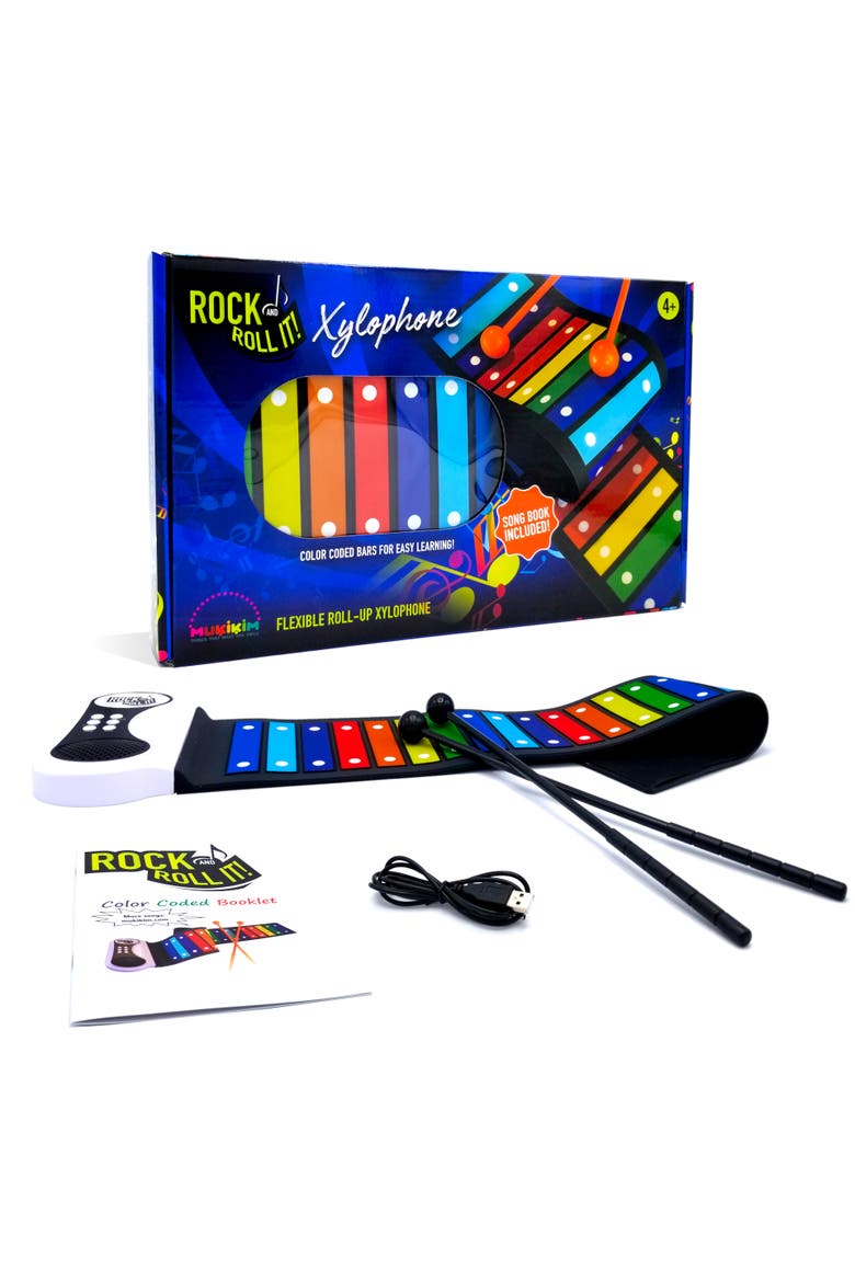 Rock and Roll It Rainbow Xylophone. Portable & Flexible Standard Size Electronic Pad with 22 Color Coded Bars & Song Booklet. USB or Battery Powered, Built-In Speaker & Audio Output Support., Main, color, Black