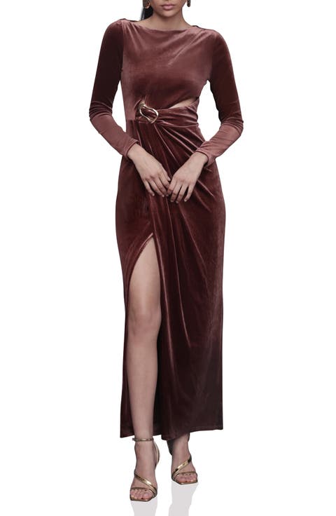 Pleated Cutout Long Sleeve Velvet Maxi Dress