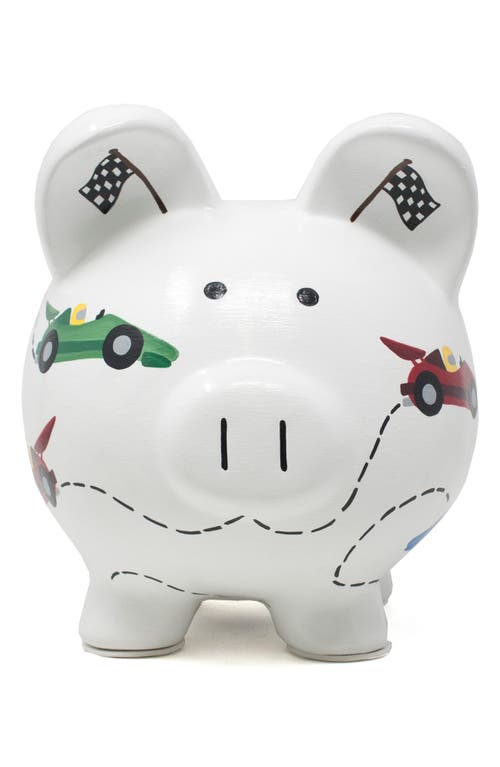 Child To Cherish Vroom Race Car Ceramic Piggy Bank In White