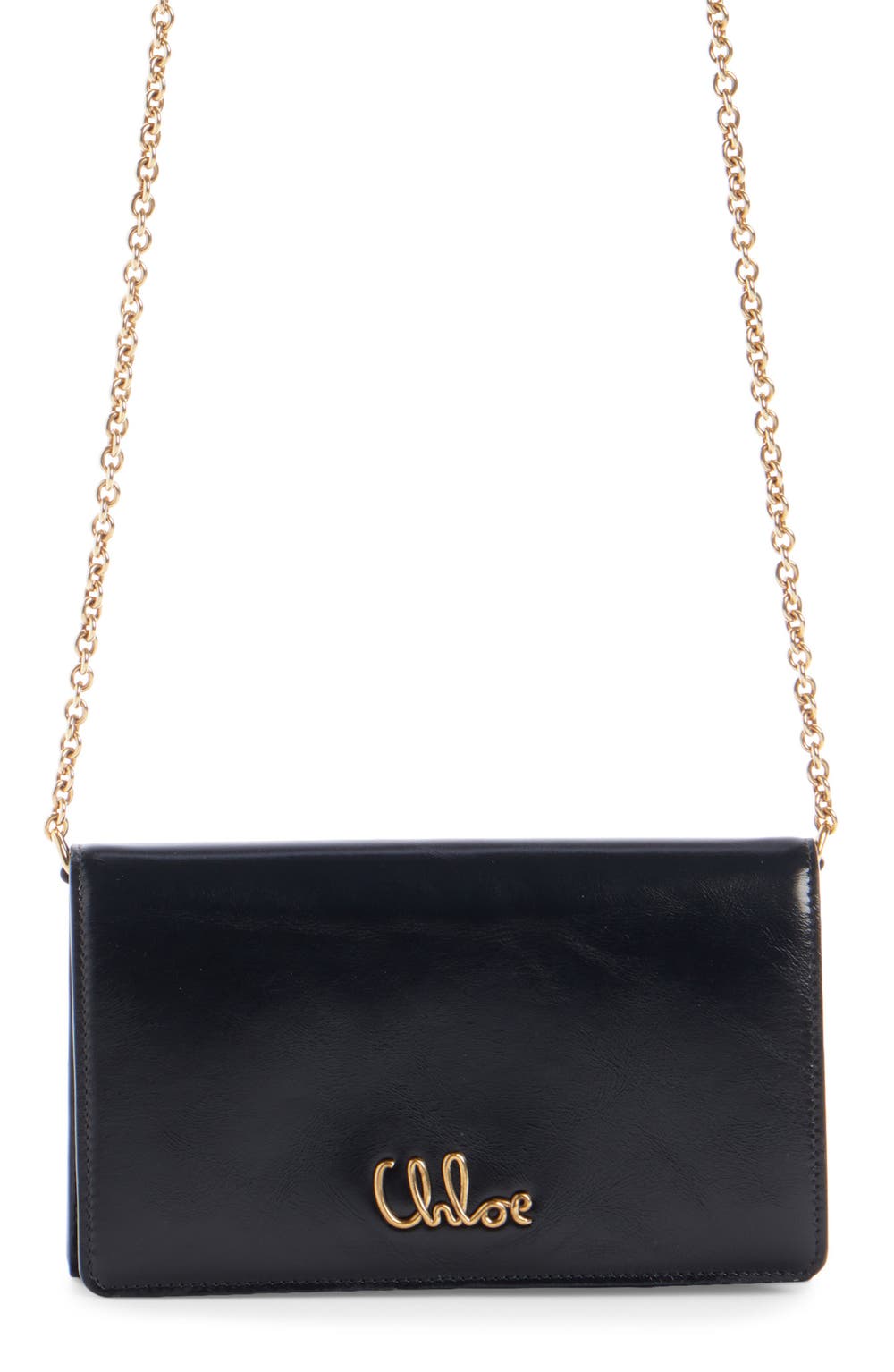 Iconic Script Leather Wallet On a Chain, color, 001 BLACK