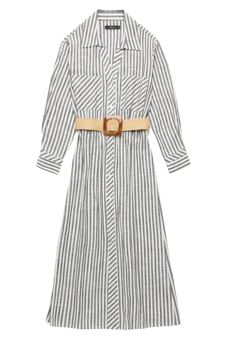Marialva Stripe Long Sleeve Linen Blend Maxi Shirtdress, Alternate, color, STRIPED BLUE