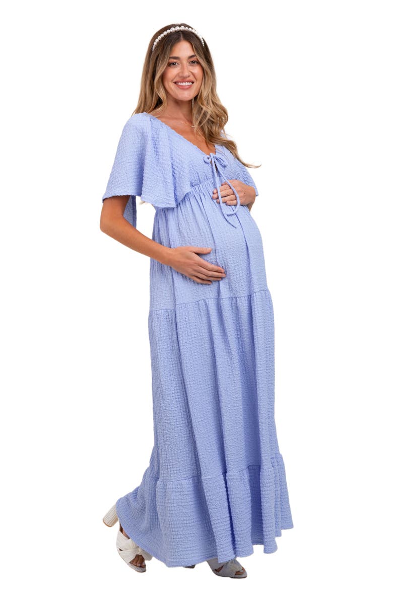 PinkBlush Woven Textured Flutter Sleeve V-Neck Tiered Maxi Dress, Alternate, color, Light Blue