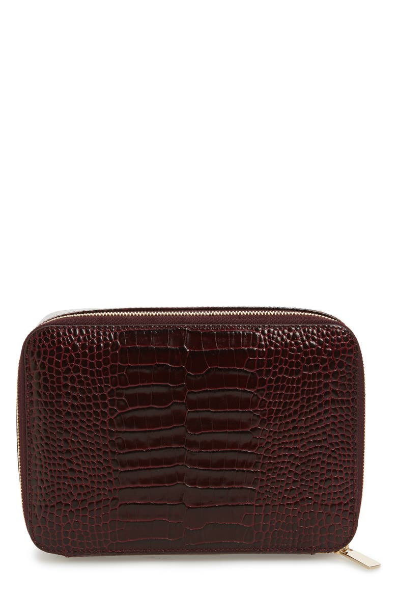 Mara Square Croc Embossed Leather Travel Case, Main, color, WINTER BERRY