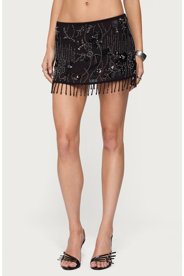Embellished Beaded Sequin Fringe Miniskirt, Main, color, BLACK
