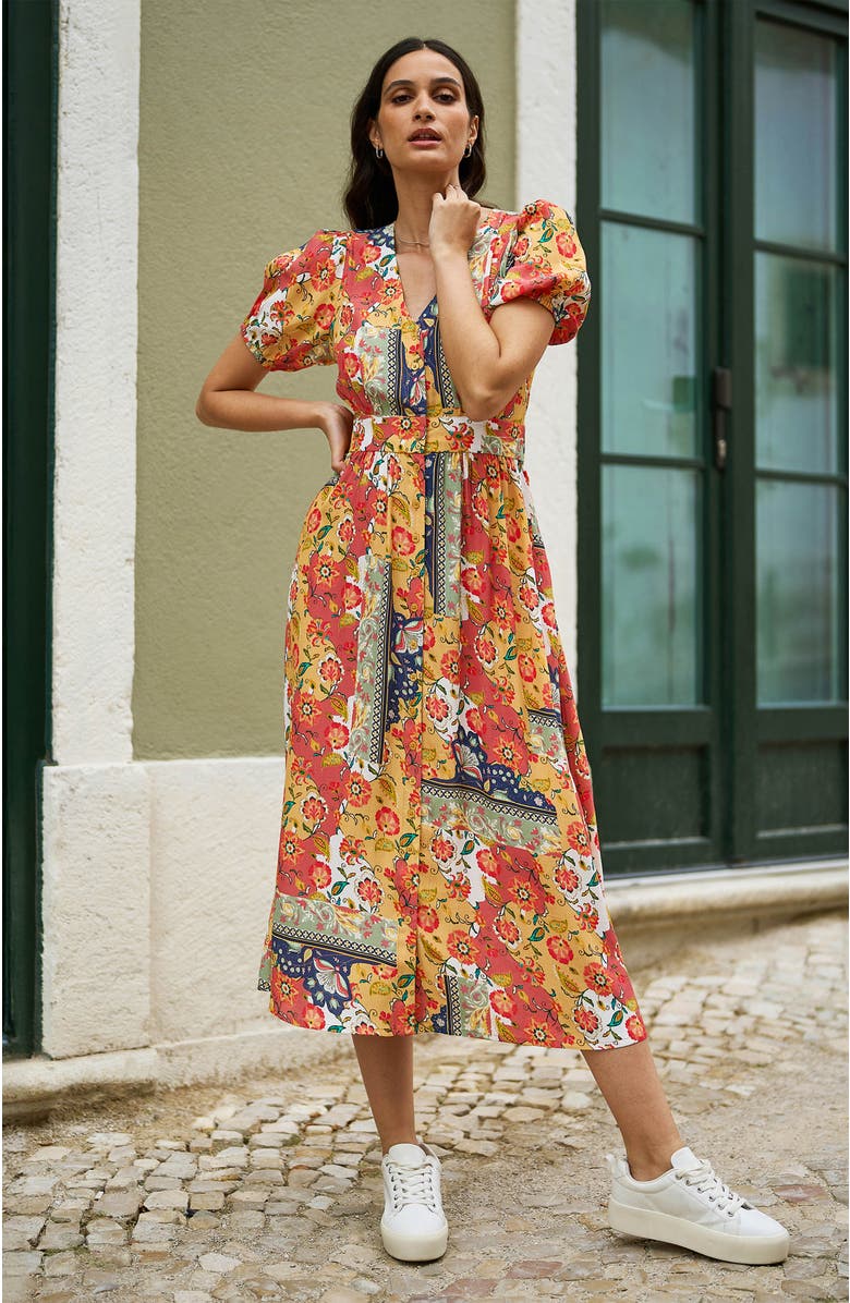 Yumi Floral Patchwork Print Midi Shirt Dress, Alternate, color, Multi