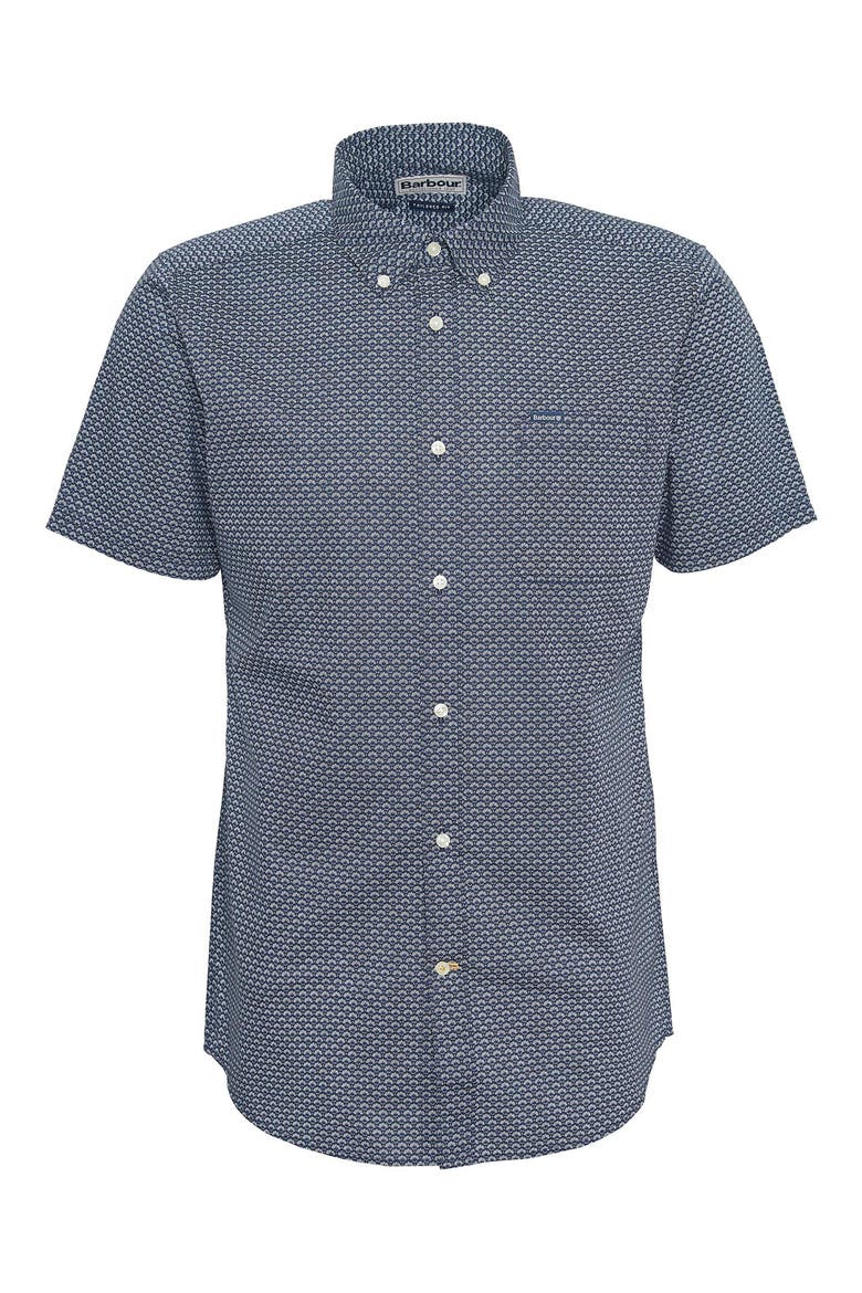 Tailored Fit Scallop Print Short Sleeve Cotton Button-Down Shirt, Alternate, color, NAVY