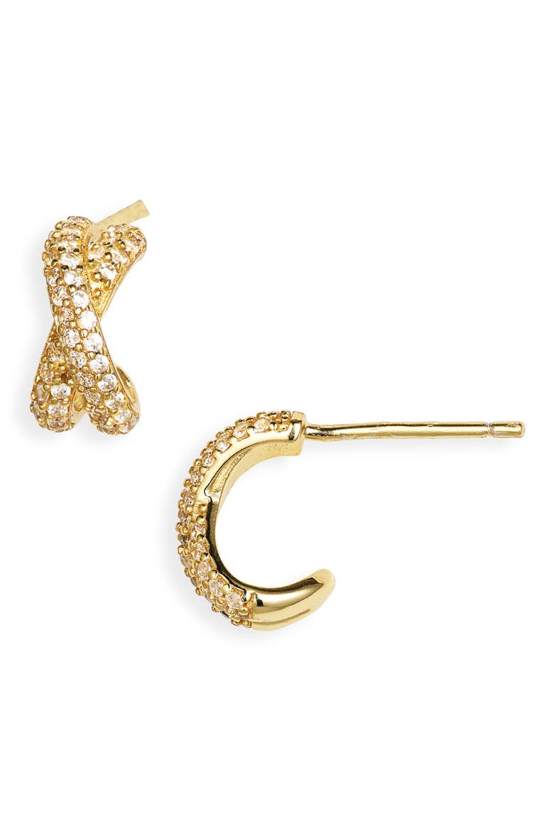 Pavé Cubic Zirconia Crisscross Huggie Hoop Earrings, Main, color, GOLD