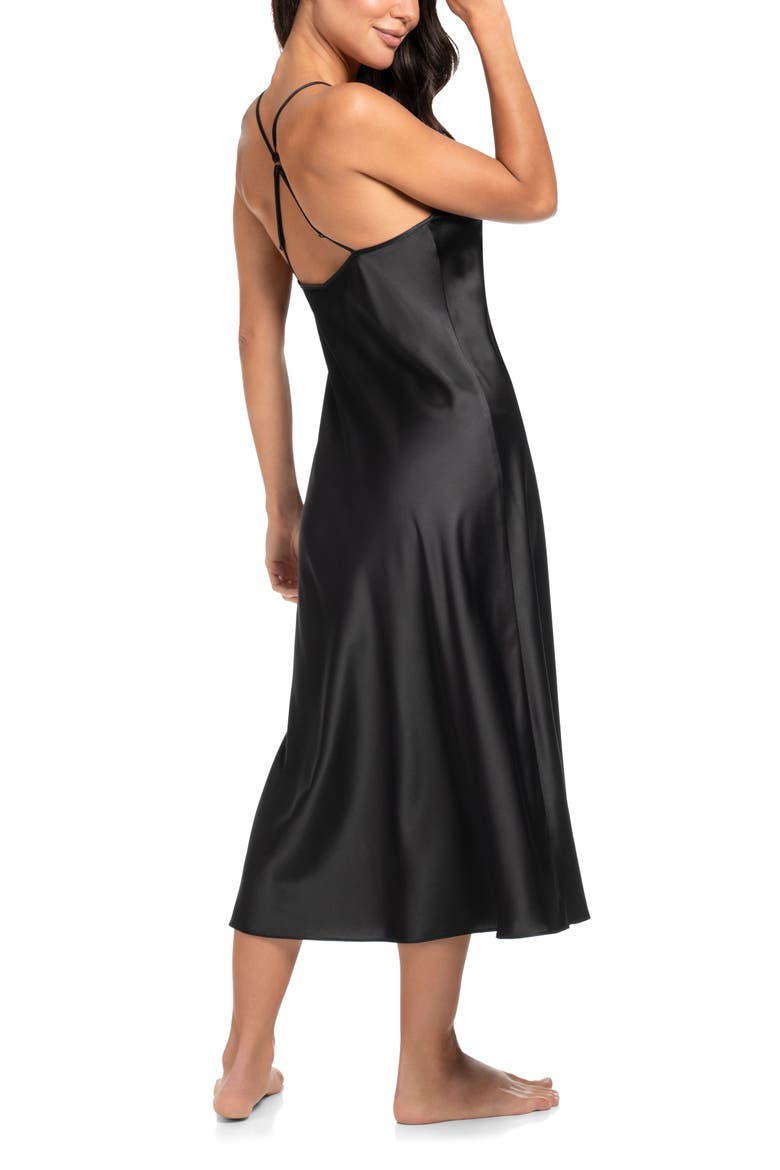 Lace Trim Stretch Satin Nightgown, Alternate, color, BLACK