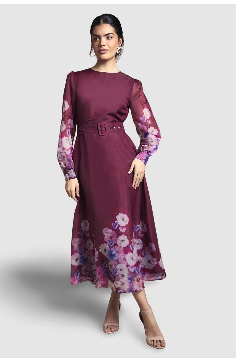 Wallis Organza Floral Print Belted Midi Dress, Main, color, Berry