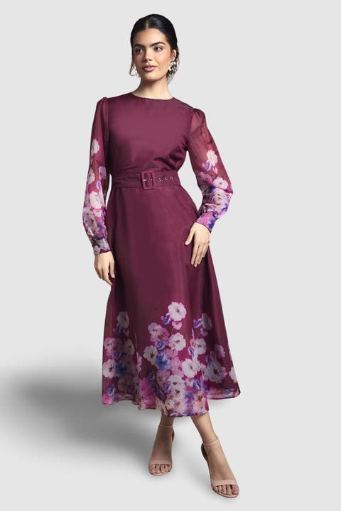 Organza Floral Print Belted Midi Dress