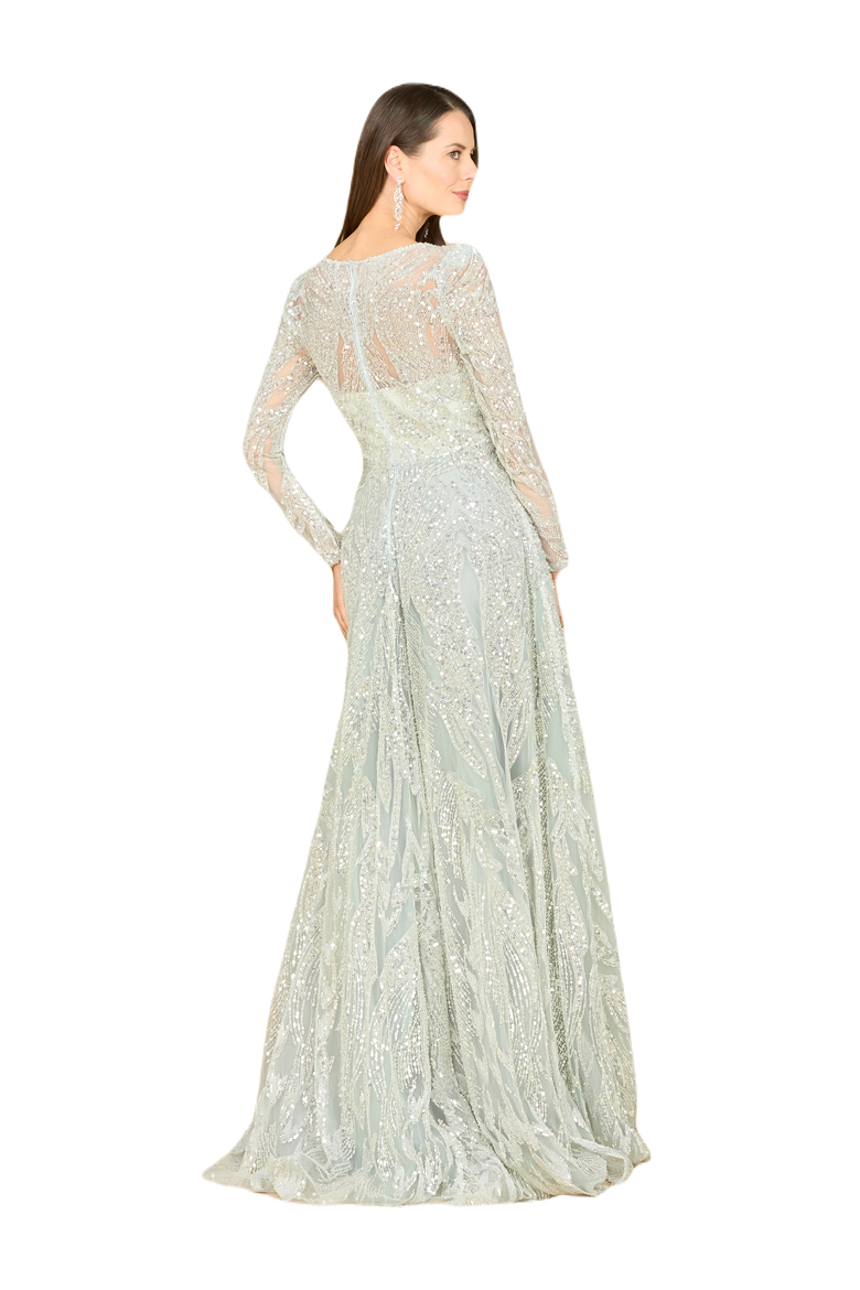 Long Sleeve Beaded Lace Gown, Alternate, color, Frost