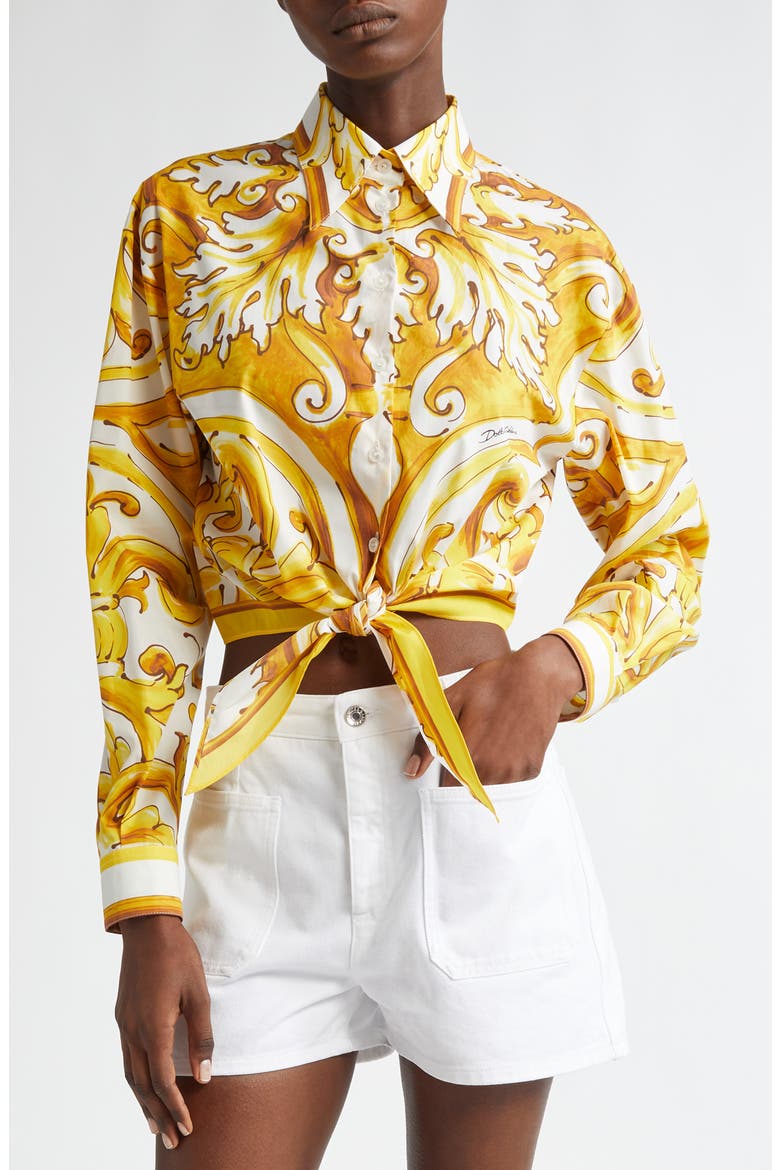 Majolica Tie Hem Cotton Button-Up Shirt, Main, color, MIX MAIOLICA GIALL