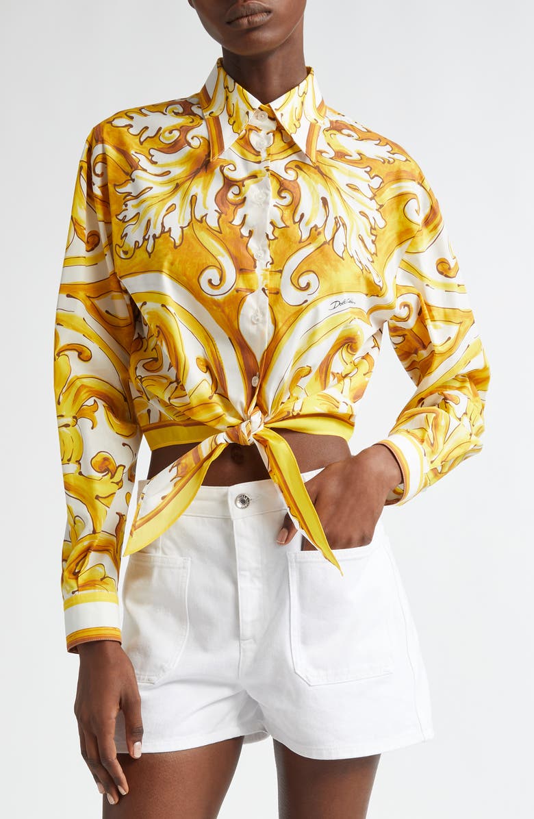 Dolce&Gabbana Majolica Tie Hem Cotton Button-Up Shirt, Main, color, Mix Maiolica Giall