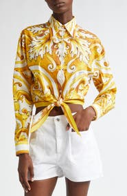 Dolce&Gabbana Majolica Tie Hem Cotton Button-Up Shirt