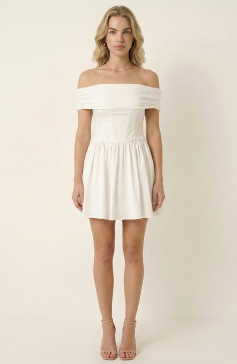 Off-Shoulder Ruched Bodice Mini Dress with Flowy Skirt