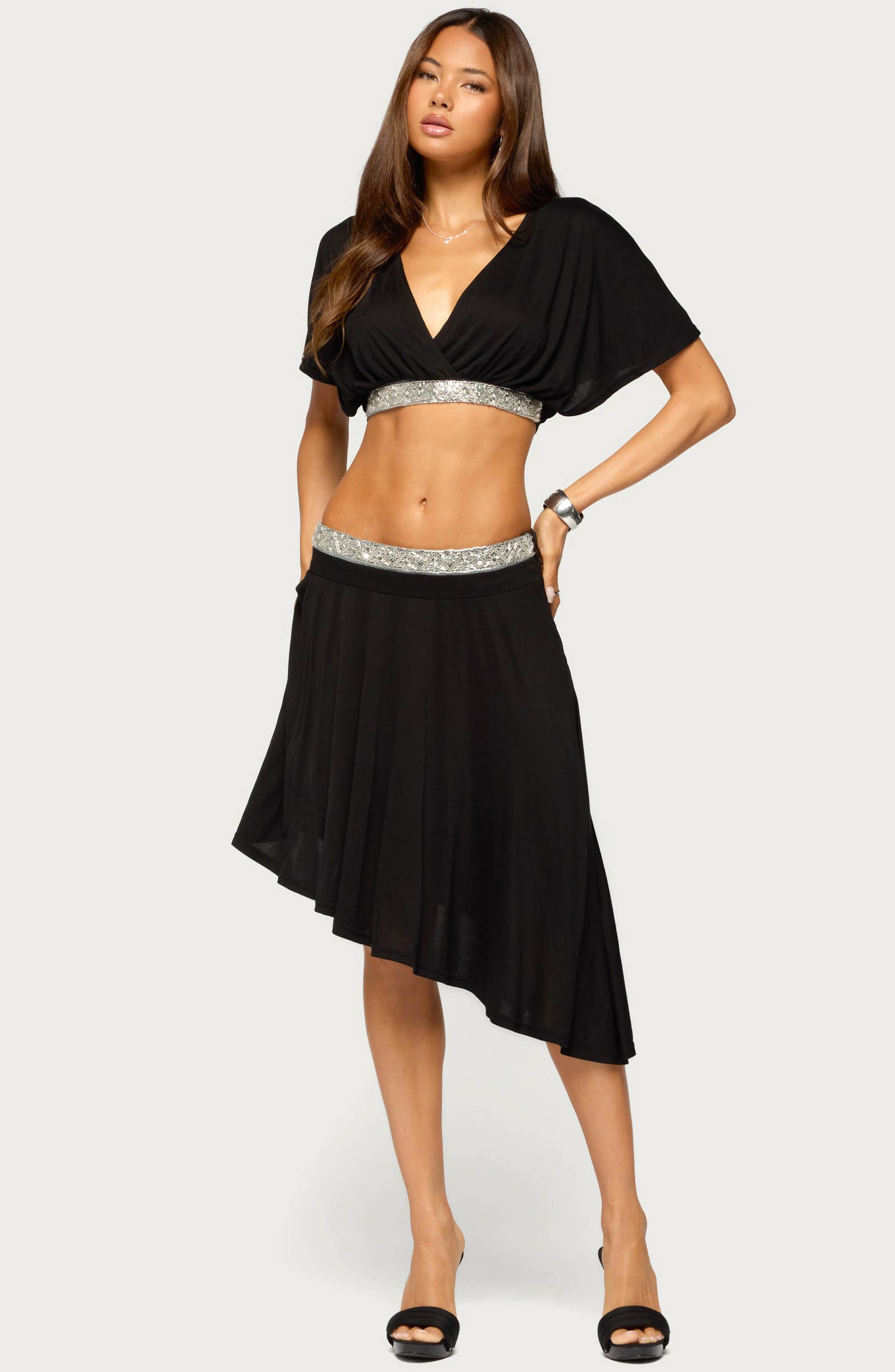 EDIKTED Dida Cropped Beaded V-Neck Top (Women) | Nordstrom