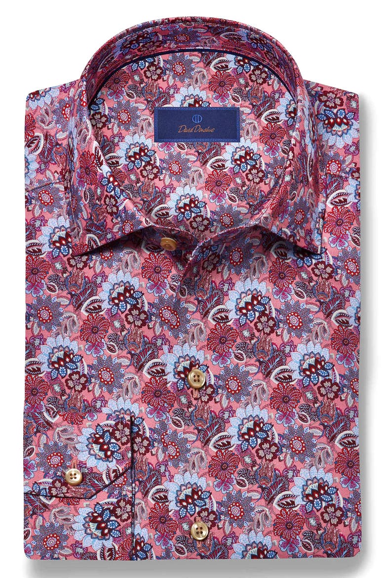 Floral Print Sport Shirt, Alternate, color, PINK/ MERLOT