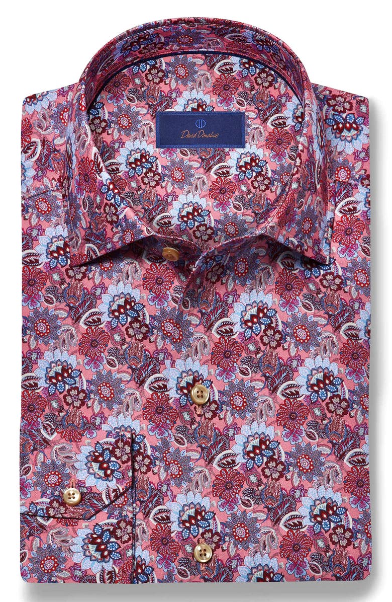 David Donahue Floral Cotton Button-Up Shirt, Alternate, color, Pink/ Merlot