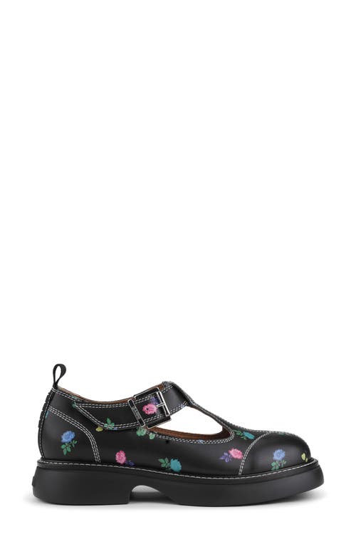 Ganni Floral-print Leather Mary Jane Pumps In Black