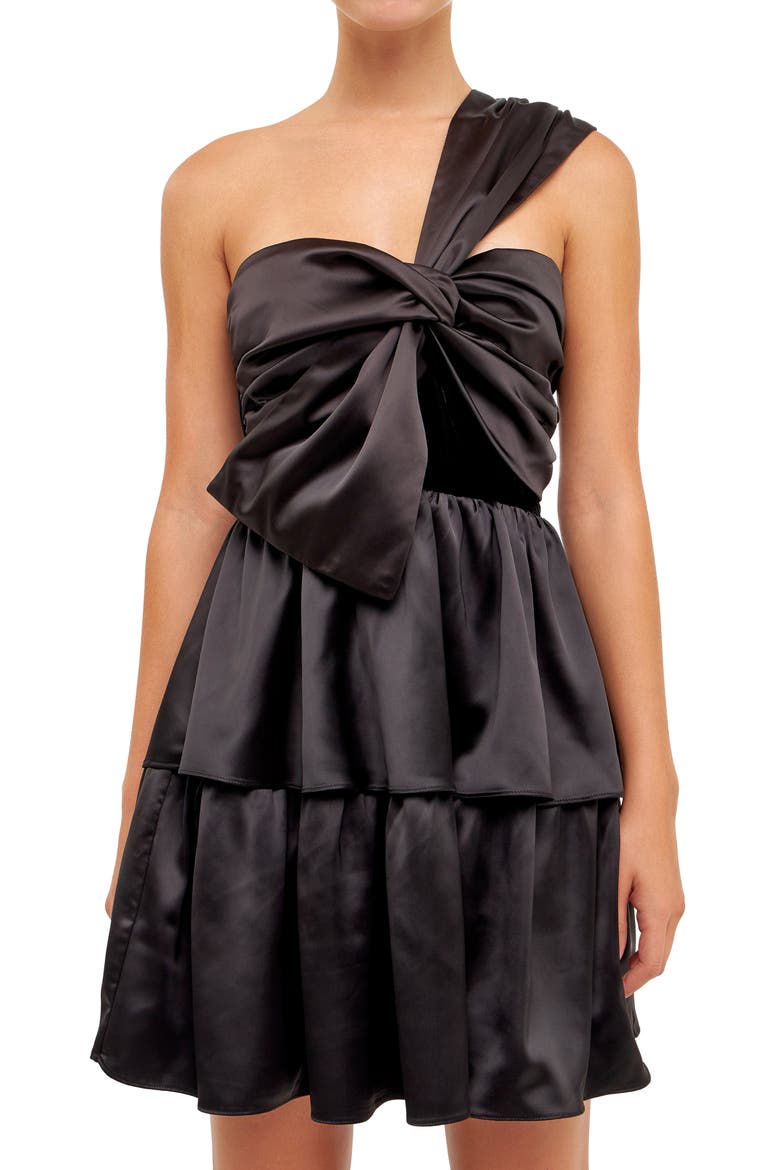 Velvet Contrast Satin Bow Tie One-Shoulder Minidress, Alternate, color, BLACK