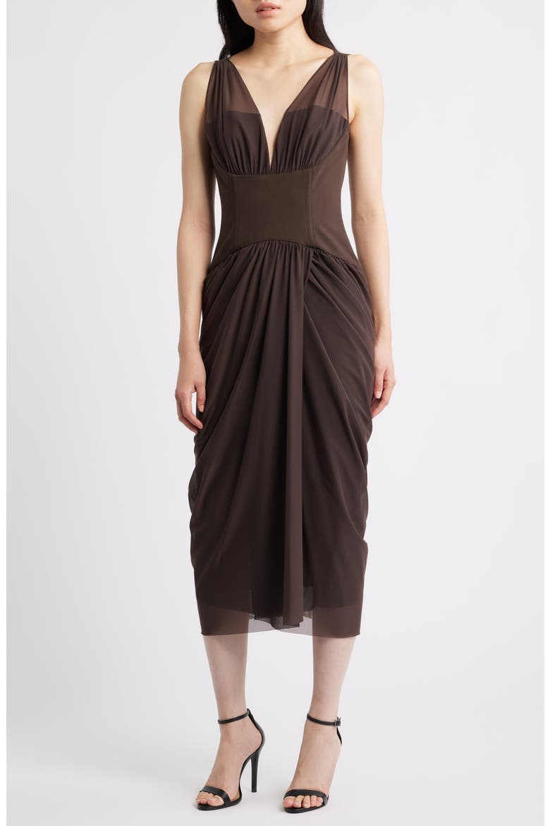 Elara Corset Midi Dress, Main, color, ESPRESSO