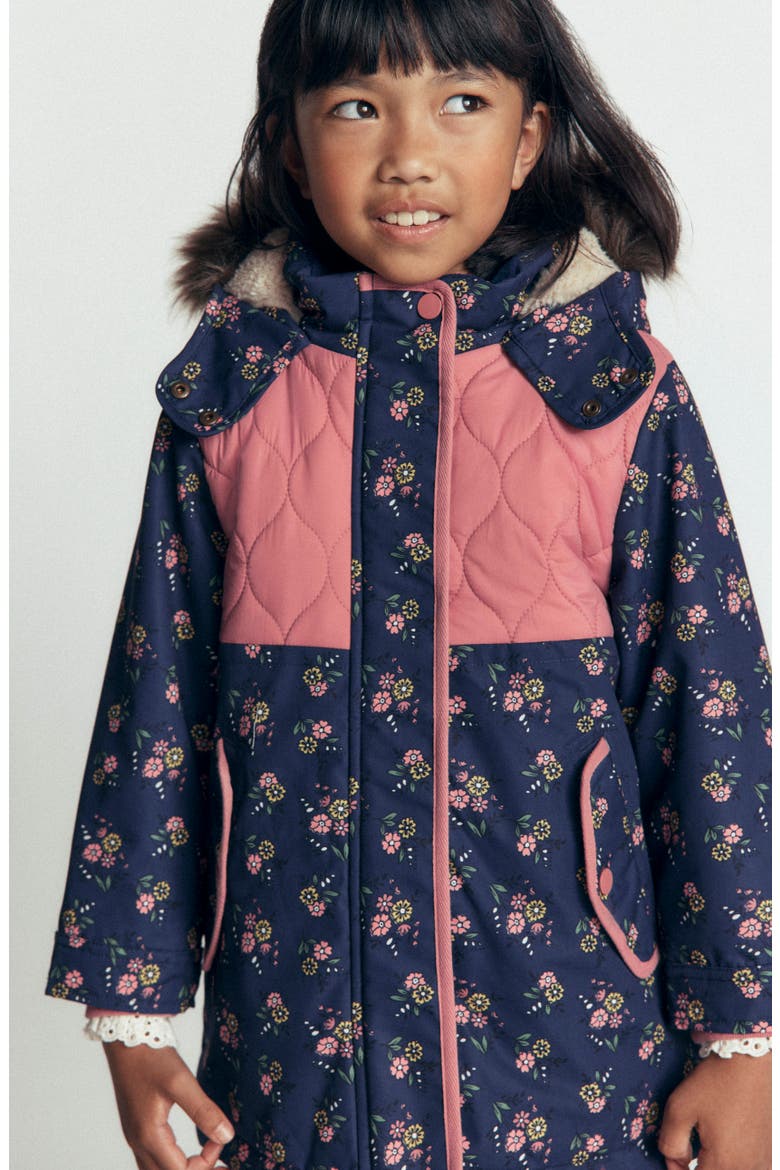 Kids' Joni Faux Fur Trim Quilted Parka, Alternate, color, NAVY FLORAL