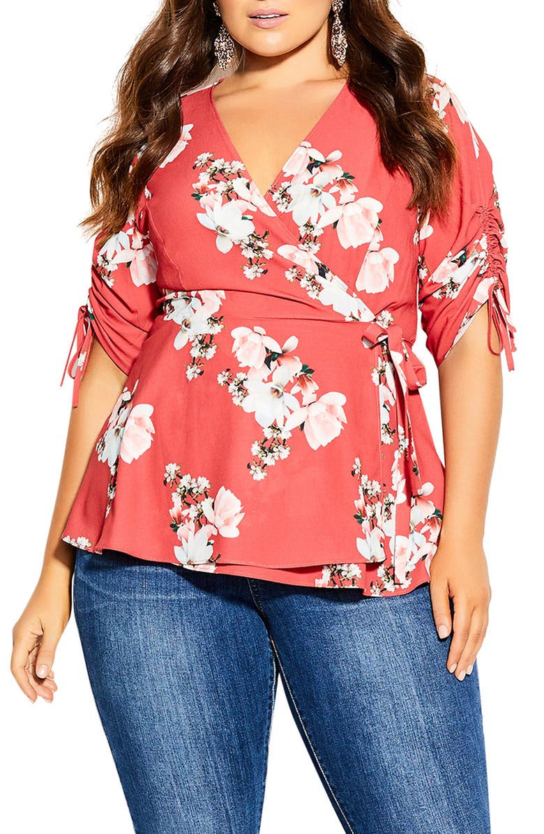 City Chic Lady Ascot Floral Print Wrap Top, Main, color, 