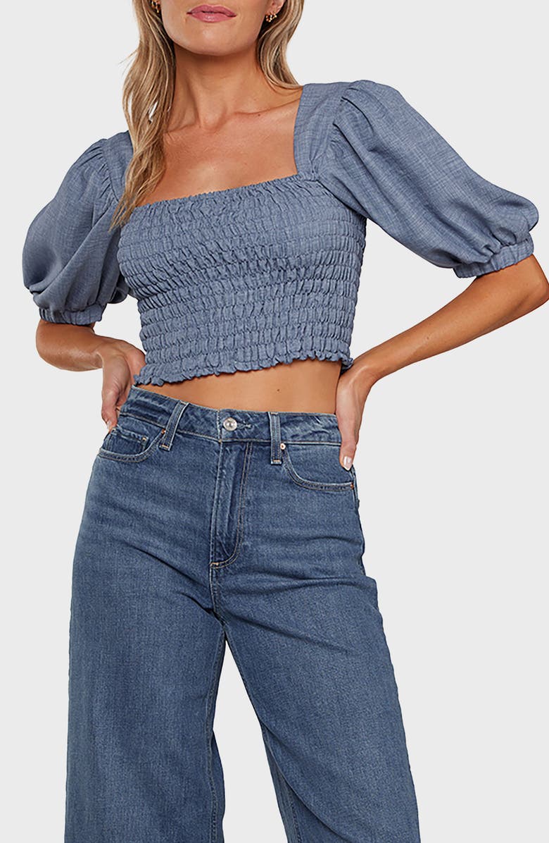matty m. Reese Smocked Crop Top, Main, color, Denim
