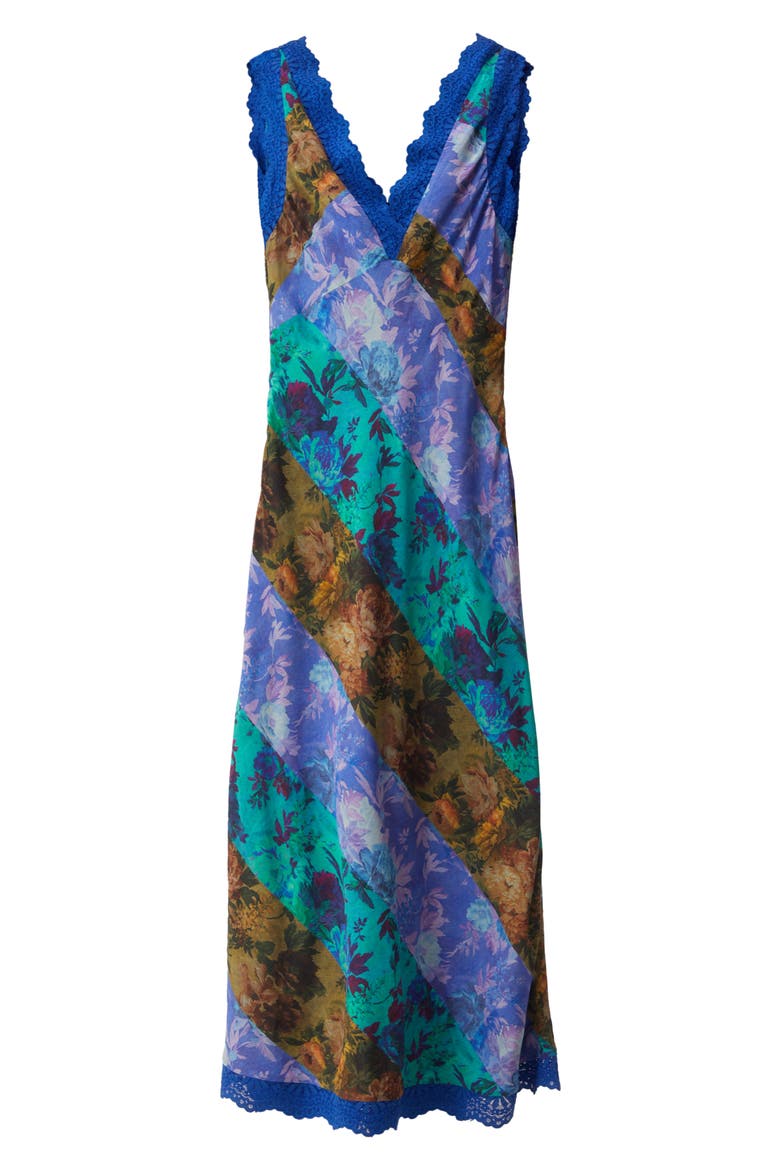 Mixed Floral Print Lace Trim Midi Dress, Alternate, color, BLUE