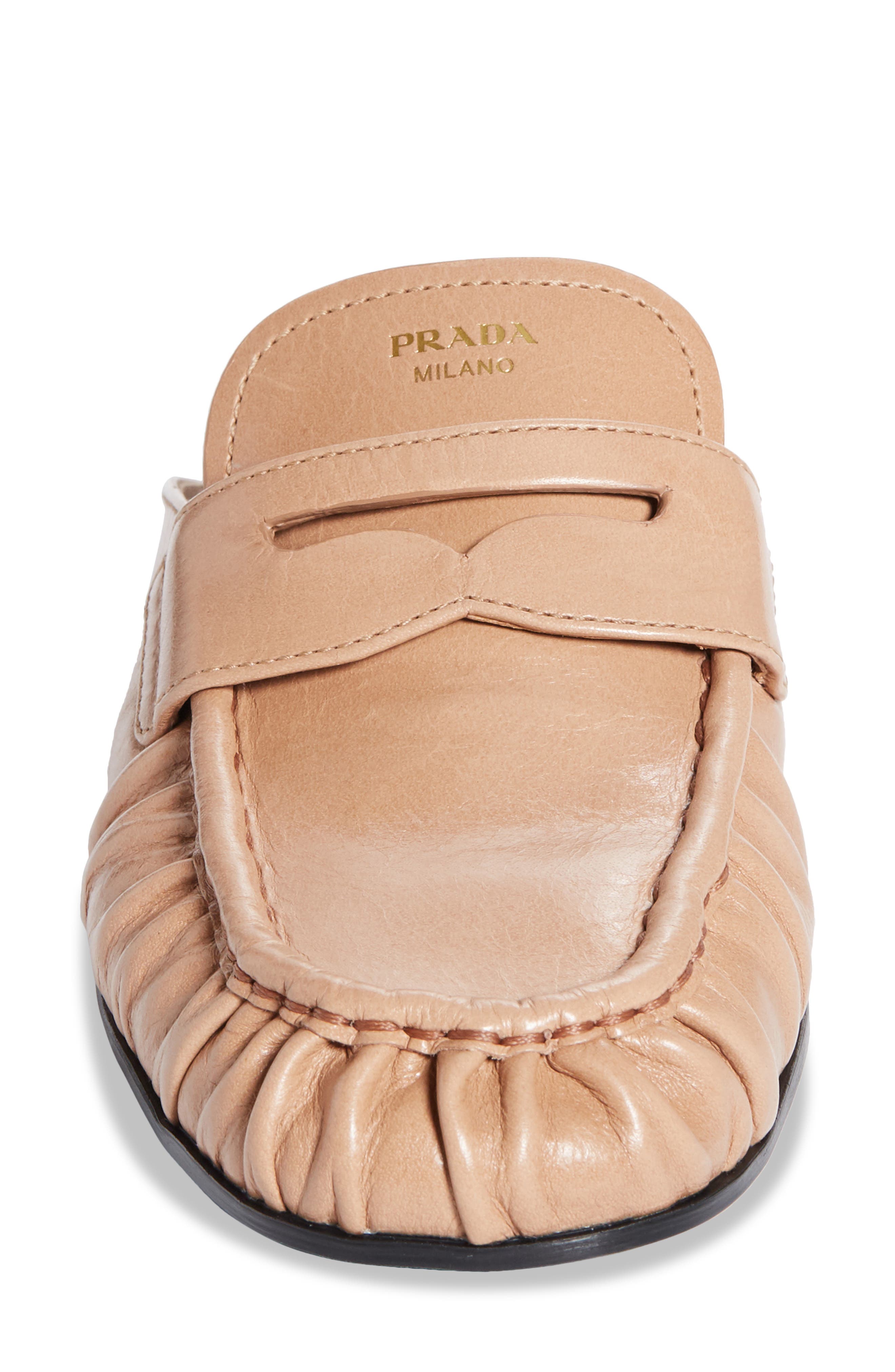 Prada Ruched Apron Toe Penny Loafer Mule, Alternate, color, Cammeo