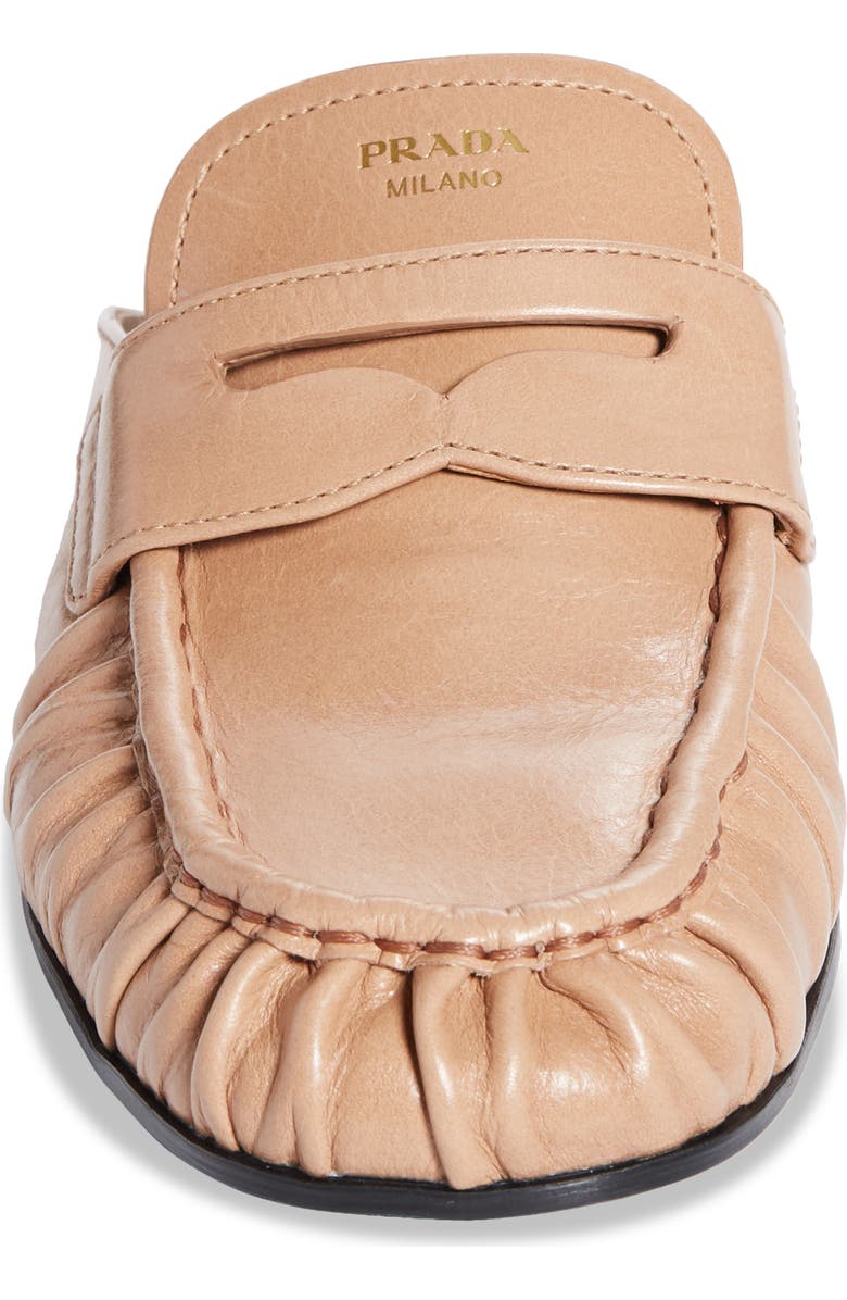 Prada Ruched Apron Toe Penny Loafer Mule, Alternate, color, Cammeo