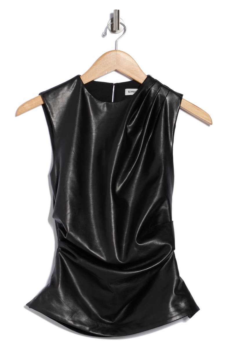 Simkhai Wynter Draped Faux Leather Top, Alternate, color, Black