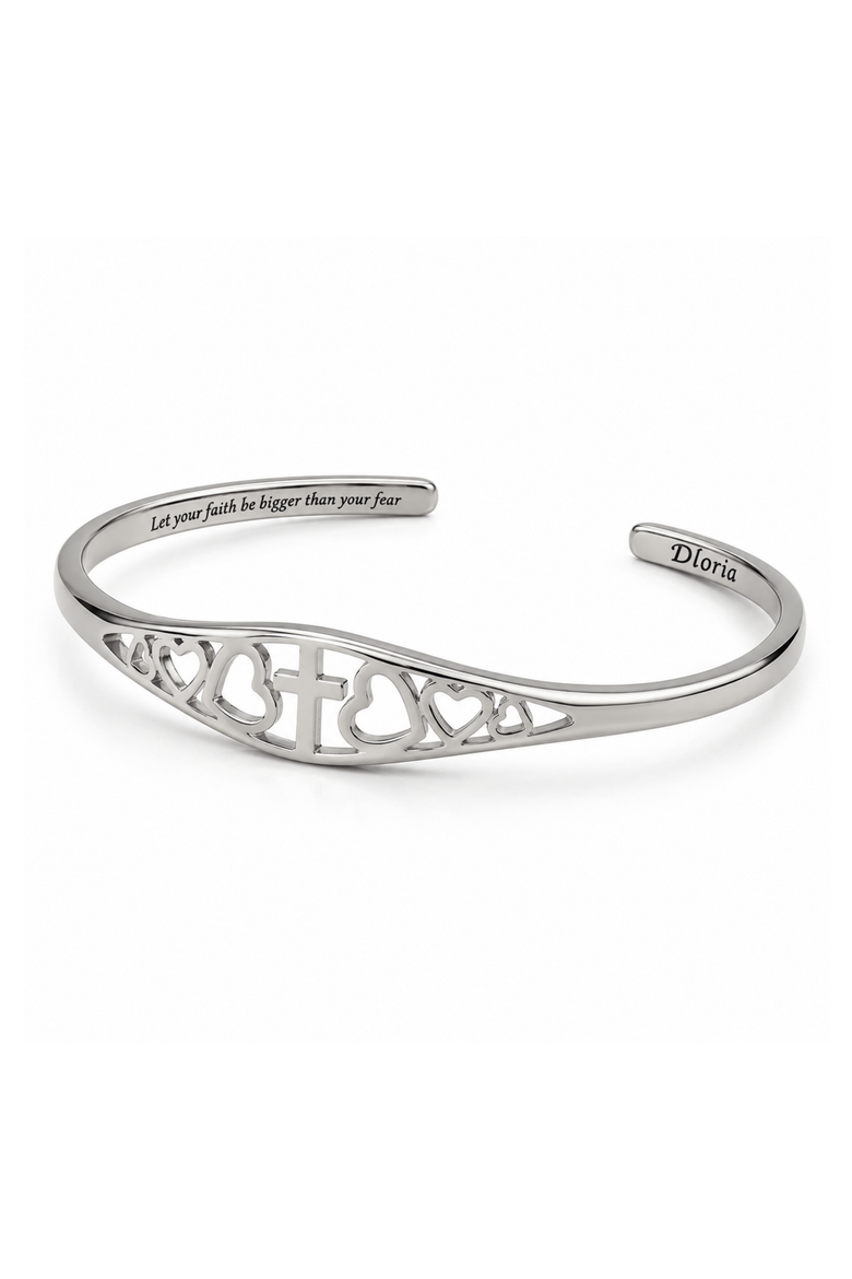 Cross and Heart Faith Engraved Adjustable Cuff Bracelet Let your faith be bigger than your fear, Alternate, color, Silver