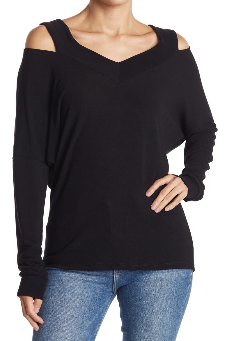 V-Neck Cold Shoulder Shoulder Hacci Knit Sweater, Main, color, BLACK PRINT 1