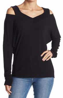 GO COUTURE V-Neck Cold Shoulder Shoulder Hacci Knit Sweater